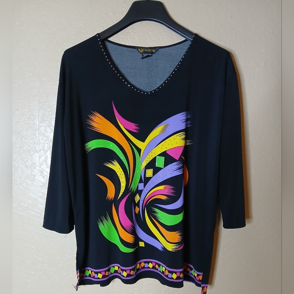 VALENTINA Women’s Black Colorful V Neck 3/4 Sleeve Blouse Top Size 1X